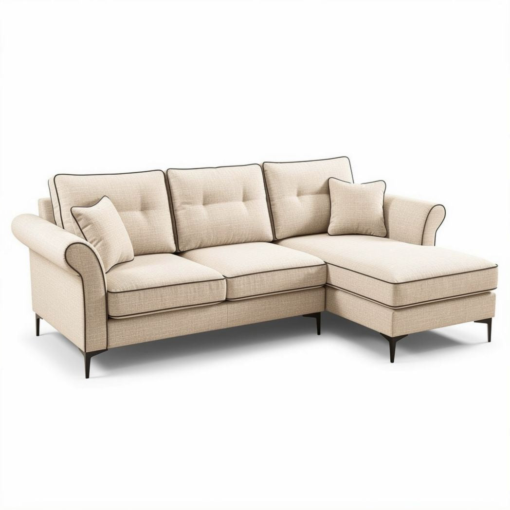 Fabric sectional sofa with chaise lounge in beige color dimensions 180 x 90 x 80cm