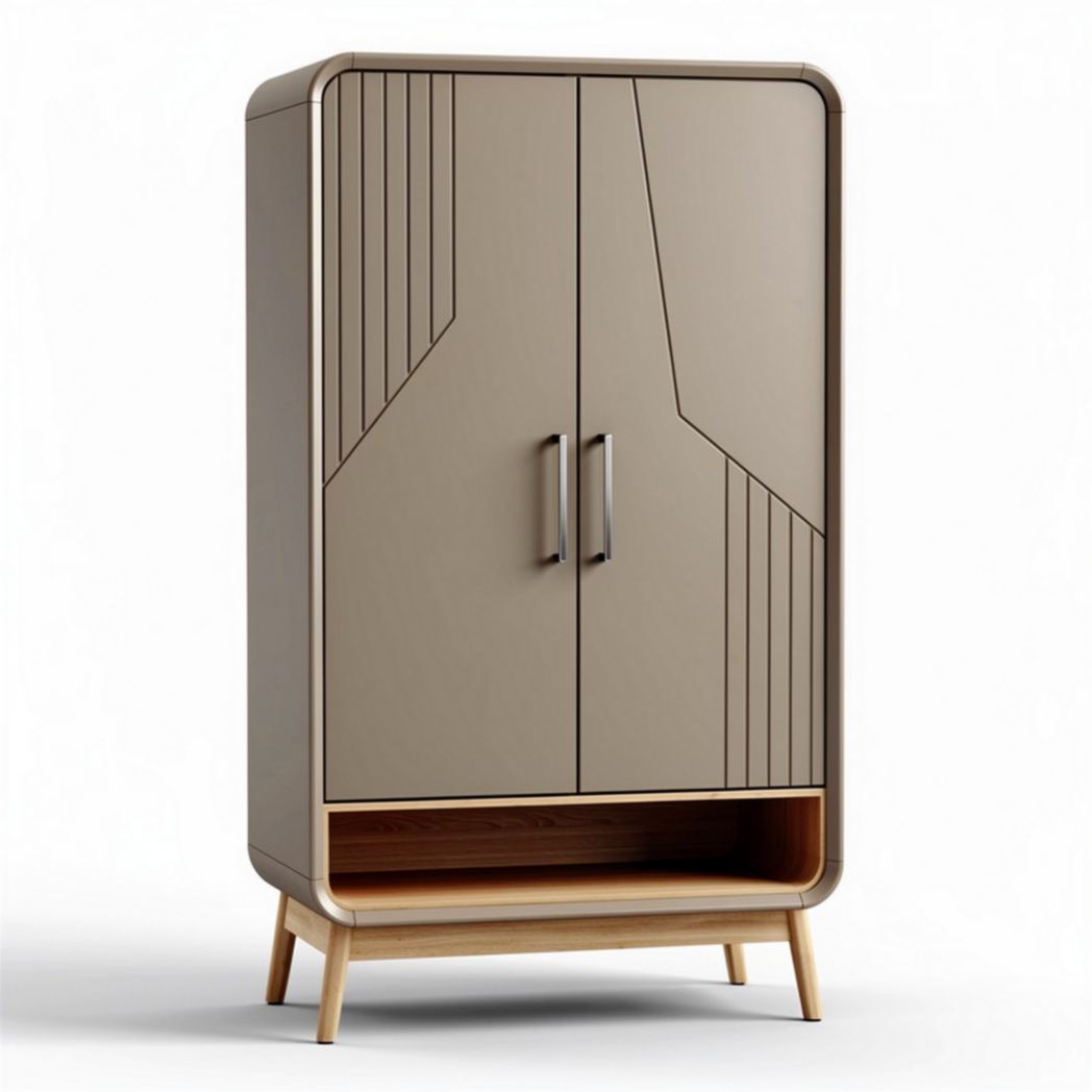 Modern cabinet with clean lines and wood legs in beige color 90 x 50 x 150cm