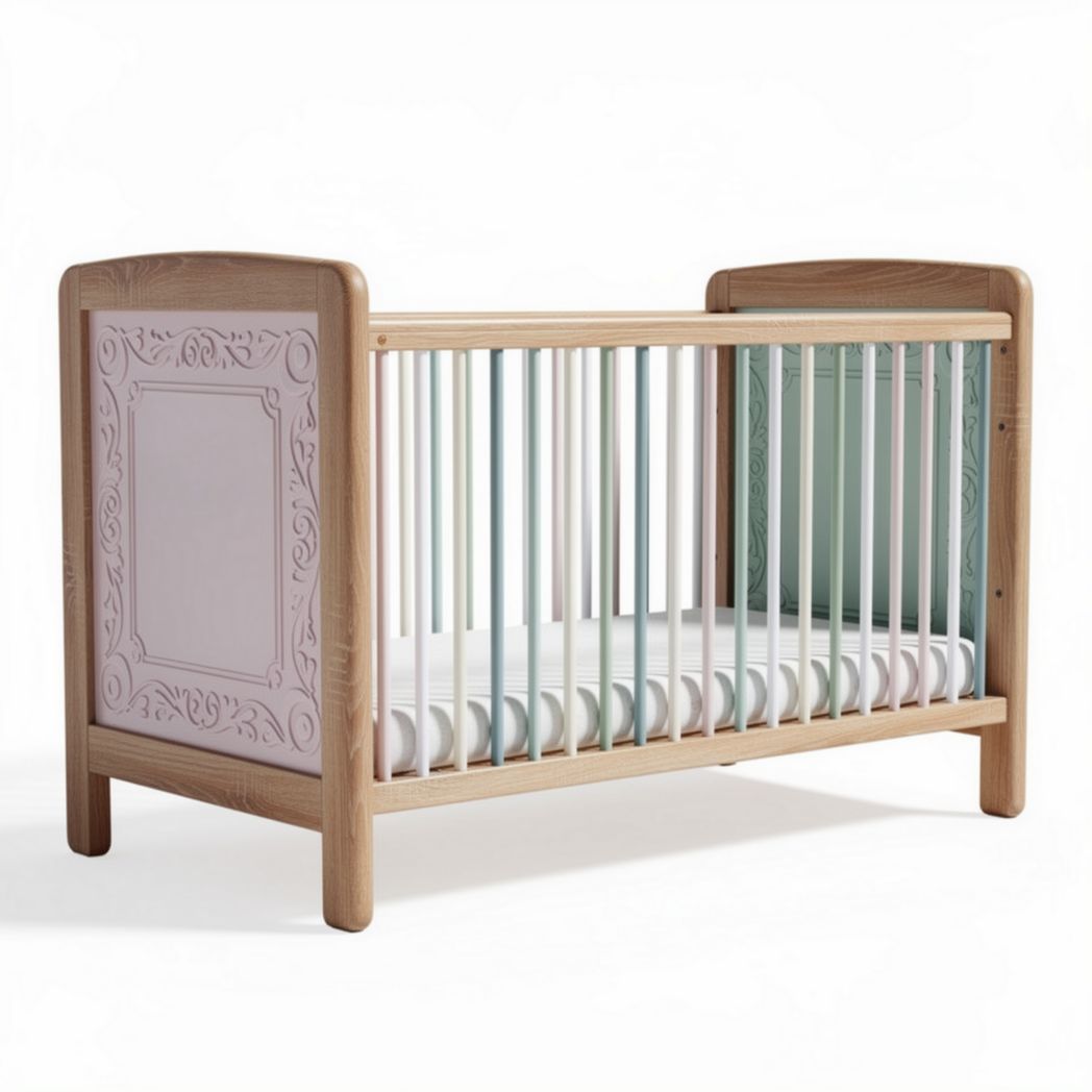 Wooden crib for infants with decorative panel and breathable slats 120 x 60 x 90cm