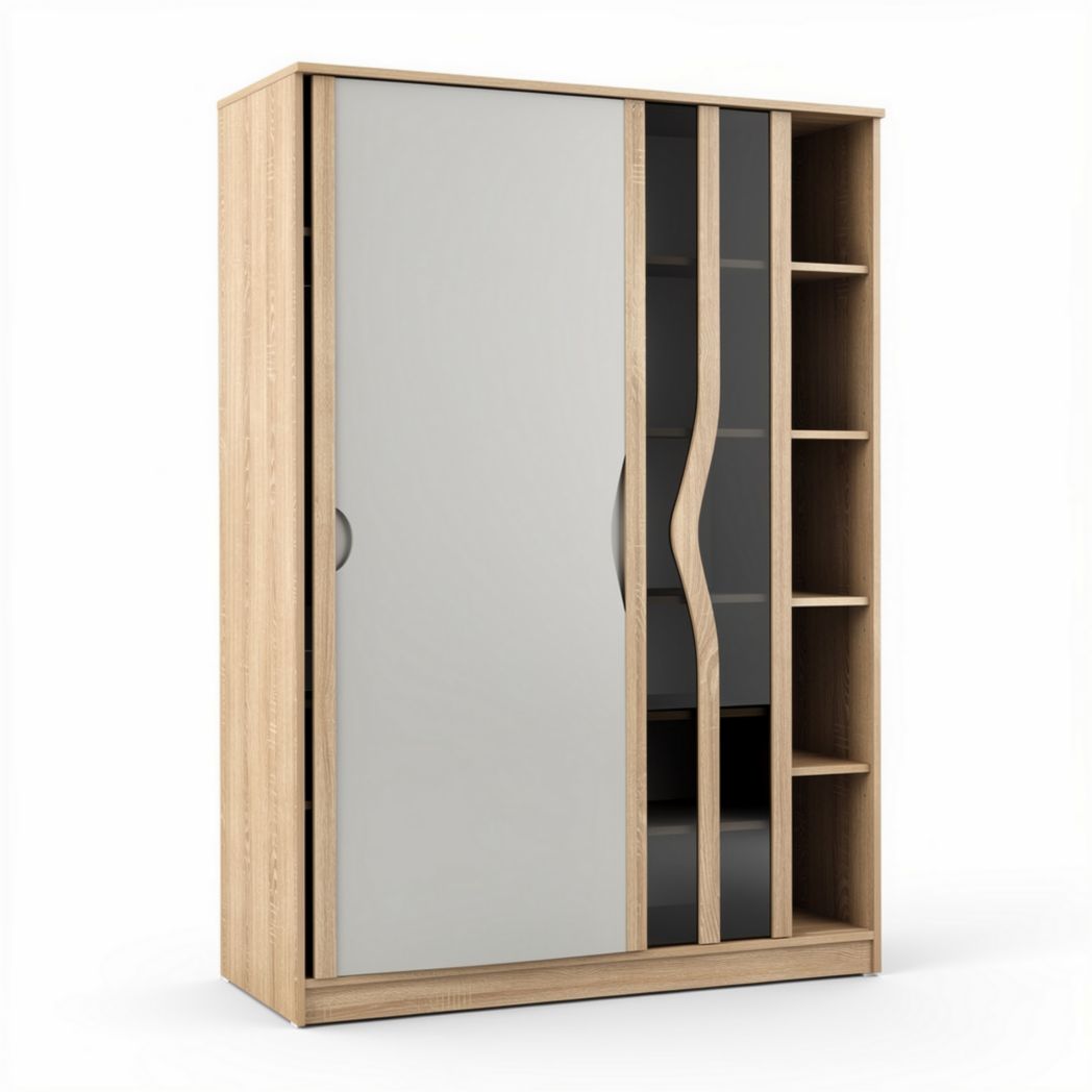 Modern wooden wardrobe with sliding doors and open shelves 150 x 60 x 200cm