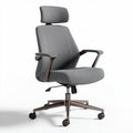 Ergonomic office chair with adjustable headrest and gray fabric upholstery