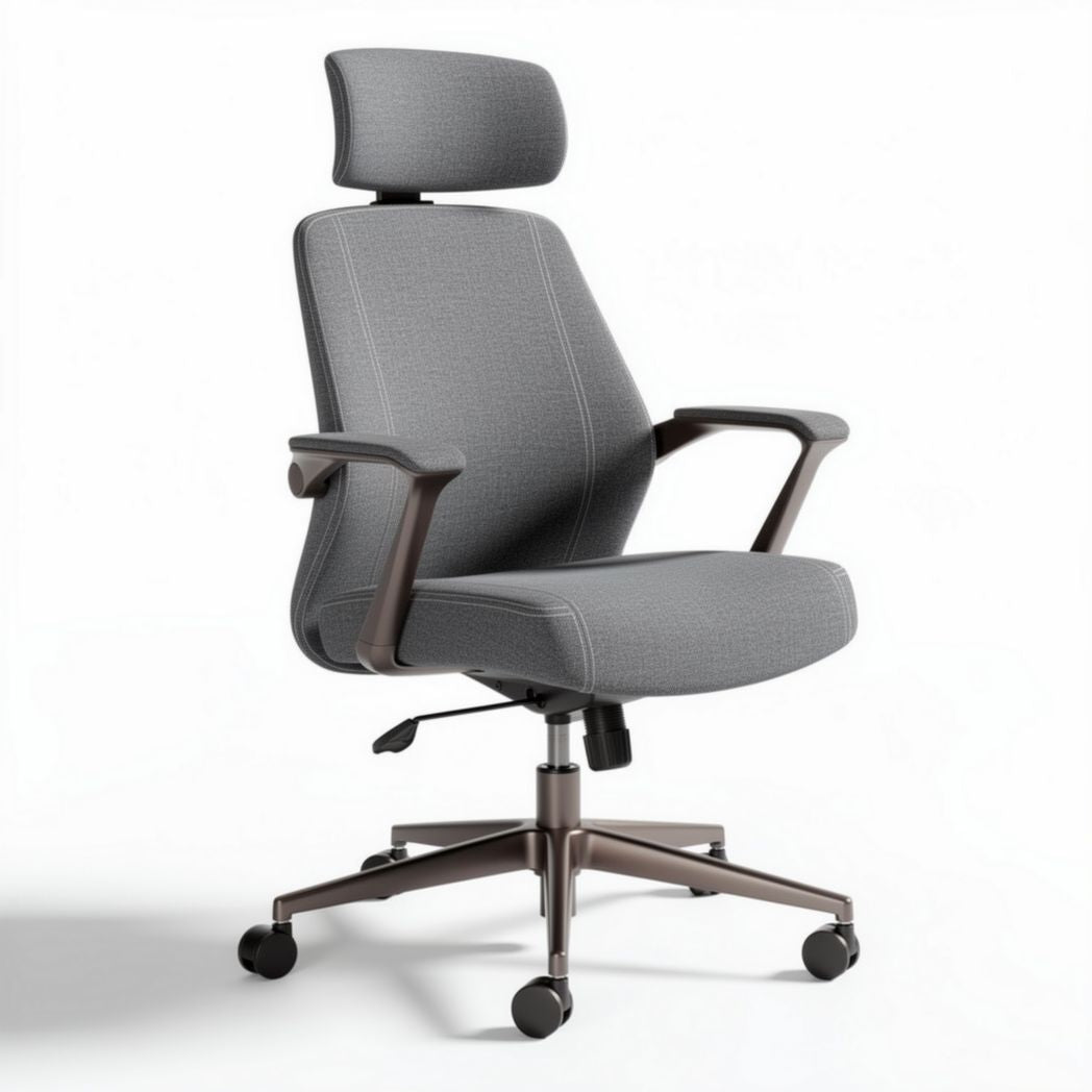 Ergonomic office chair with adjustable headrest and gray fabric upholstery