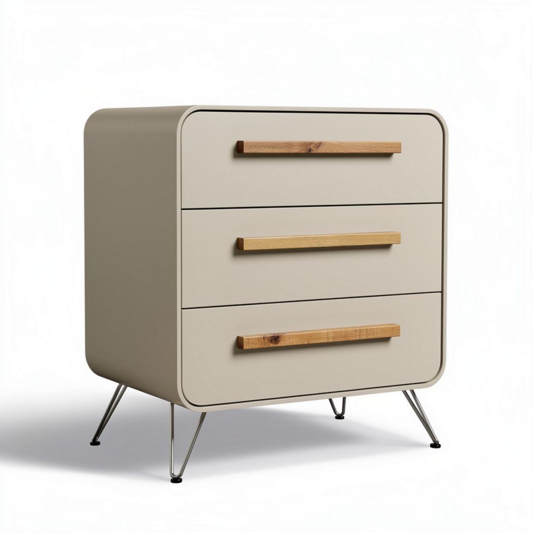Wooden handle modern dresser in beige finish with three drawers 60 x 45 x 75cm