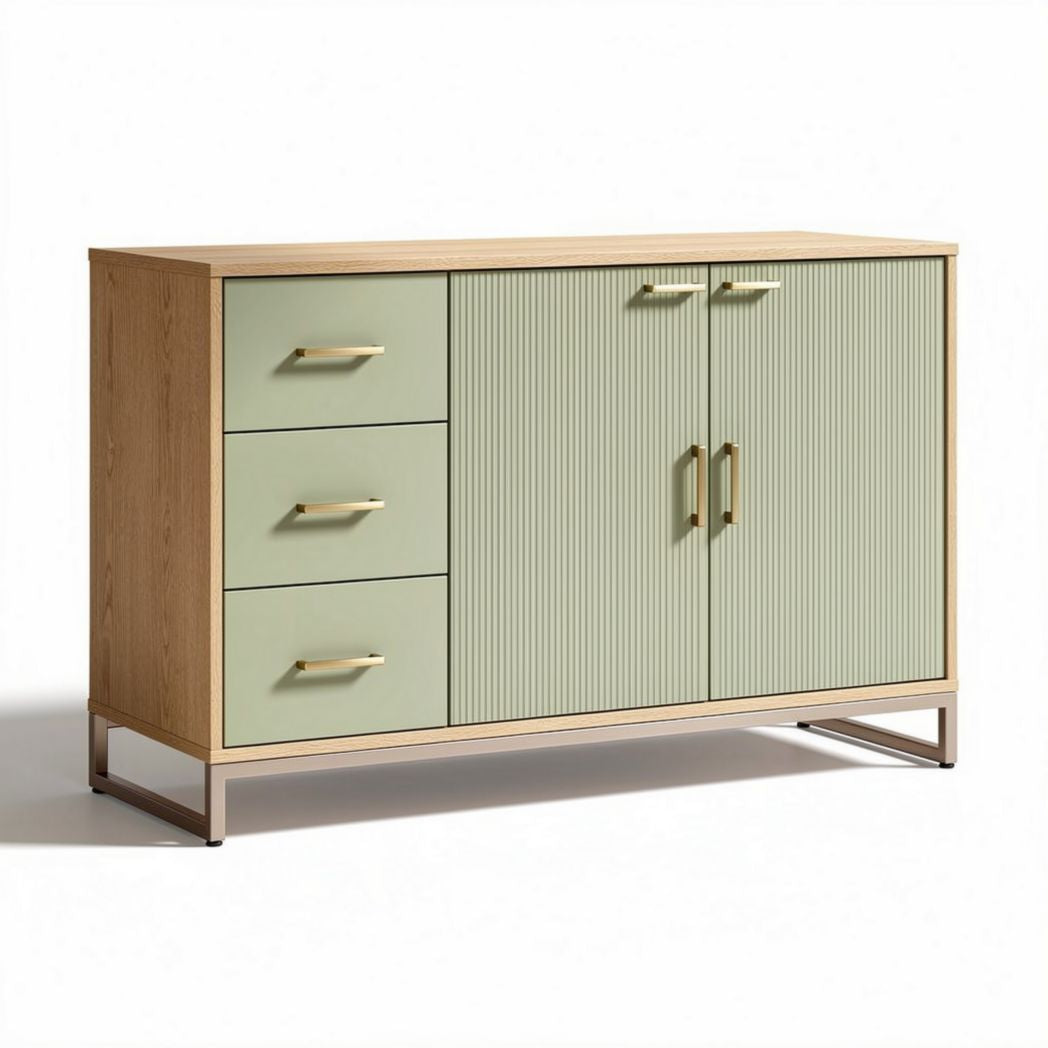 Wooden sideboard with green doors three drawers and metal legs 120 x 40 x 75cm
