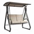 Outdoor metal frame swing chair with green cushioned seats 180 x 90 x 120cm