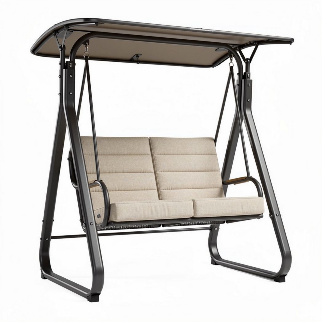 Outdoor metal frame swing chair with green cushioned seats 180 x 90 x 120cm