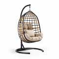 Hanging egg chair with cushion in black metal and wood natural finish