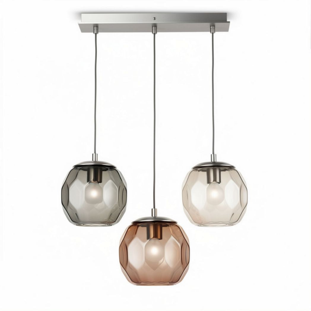 Three pendant ceiling lights with faceted glass shades in various colors 30 x 30 x 50cm