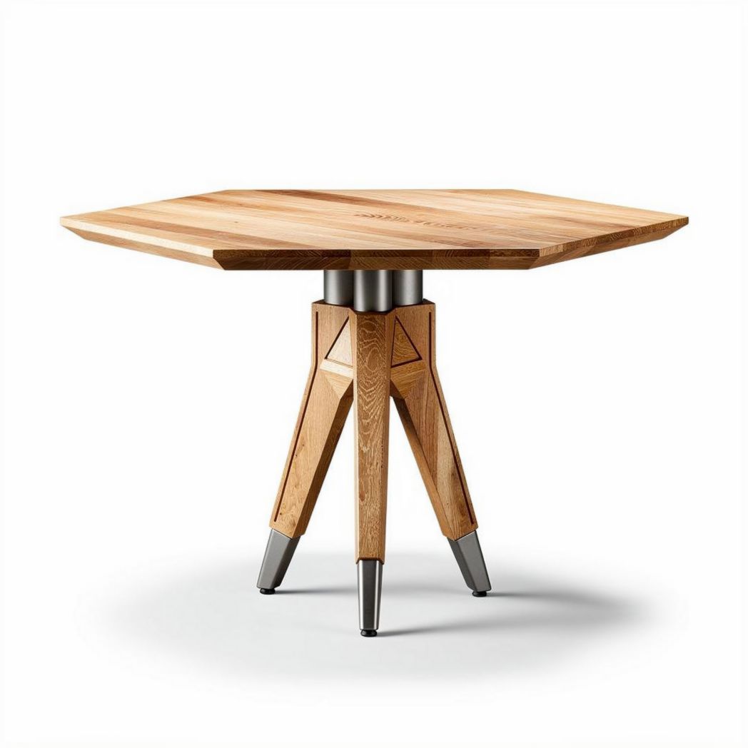 Hexagonal wooden table with metal legs 80 x 80 x 75cm for dining and decor