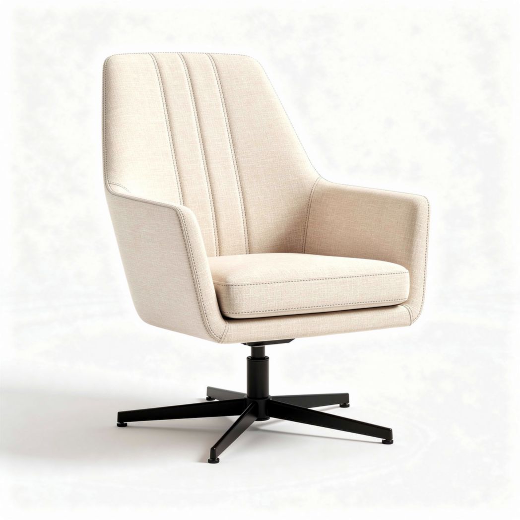 Swivel accent chair in beige fabric with metal base and modern design