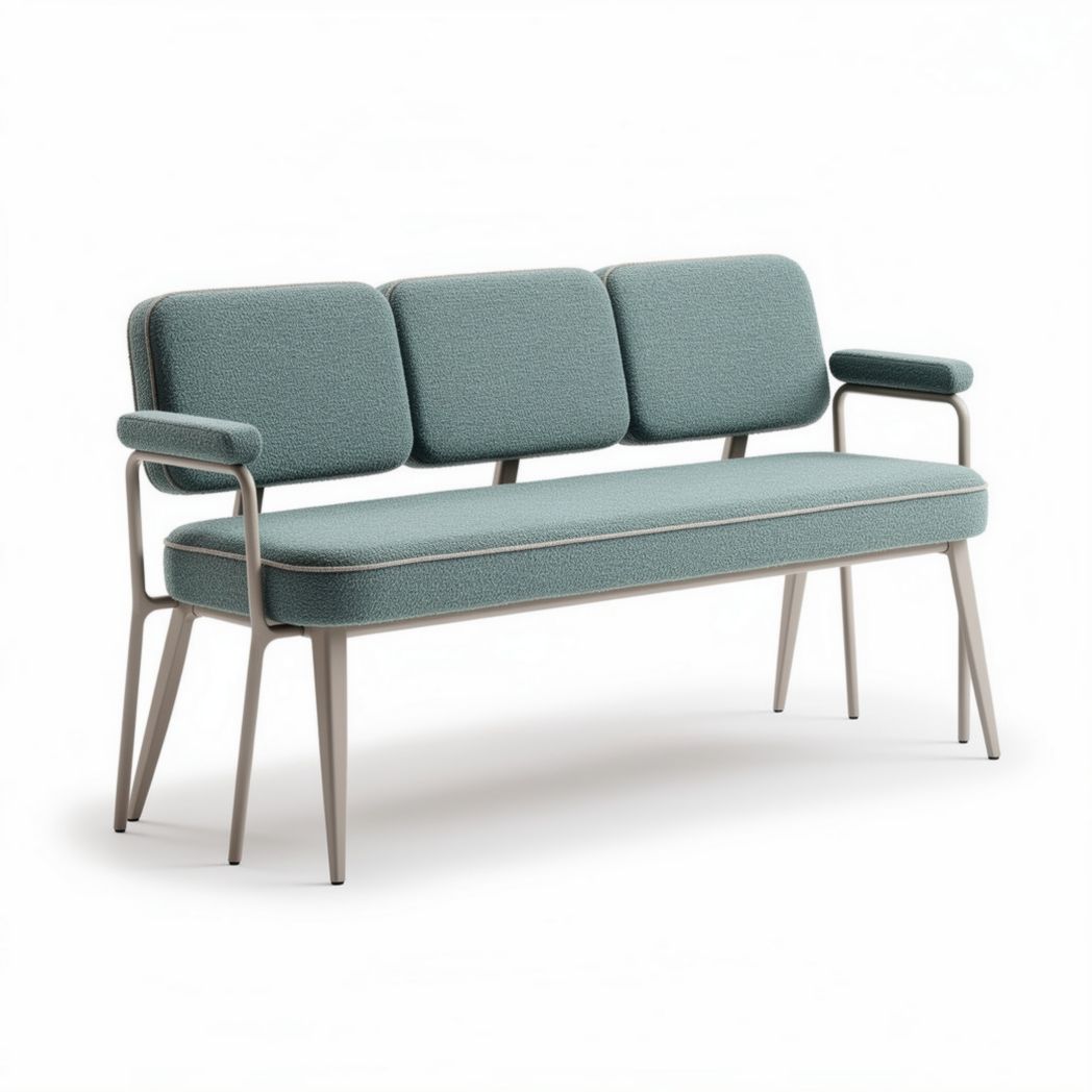 Mid-century modern green velvet upholstered bench with black metal legs 150 x 60 x 80cm